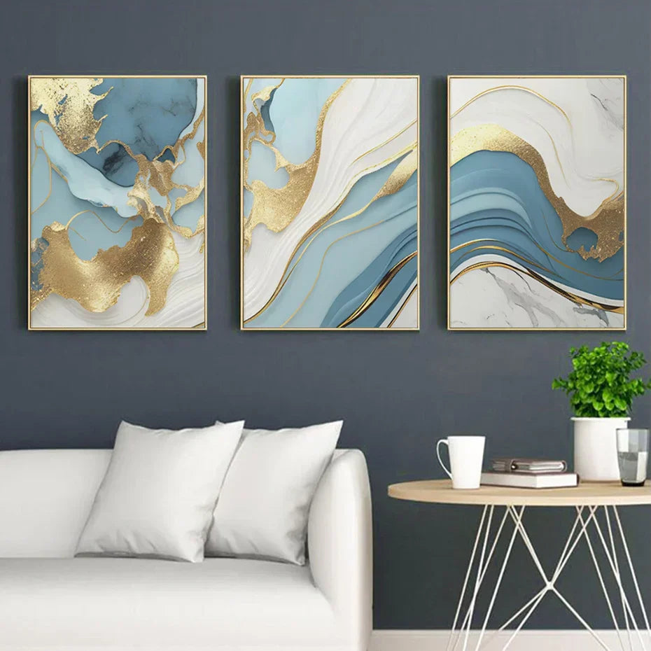 Modern Abstract Gold Blue Fluid Marble Print Wall Art Fine Art Canvas Prints Pictures For Living Room Bedroom Nordic Home Decor | Skanto