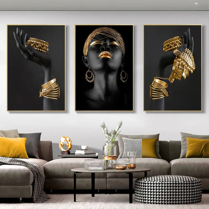 Set of 3 Black Gold Woman Portrait Wall Art Fine Art Canvas Prints Pictures for Luxury Living Room Dining Room Home Office Decor | Skanto