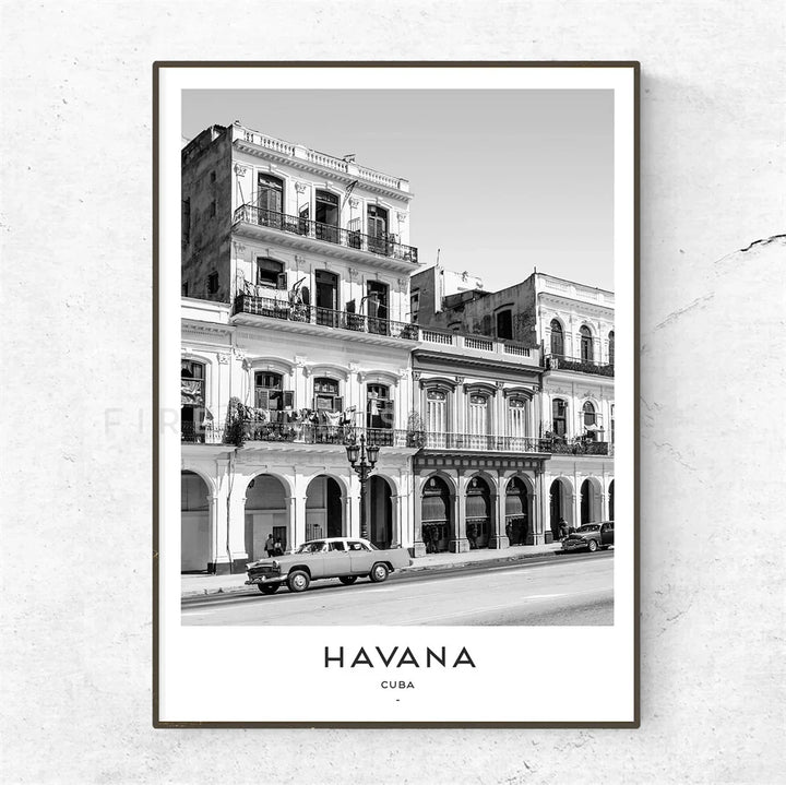 Cuba Havana Black & White Travel Poster Wall Art Fine Art Canvas Print Pictures For Living Room Dining Room | Skanto