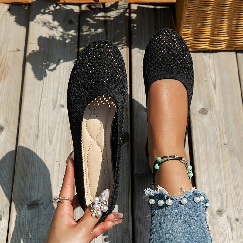 Skanto | Kvinner Rundtå Flat Sko Solid Farge Strikket Tøfler Casual Pustende Ballett Flats Kvinner Flat Sko Loafers Kvinner
