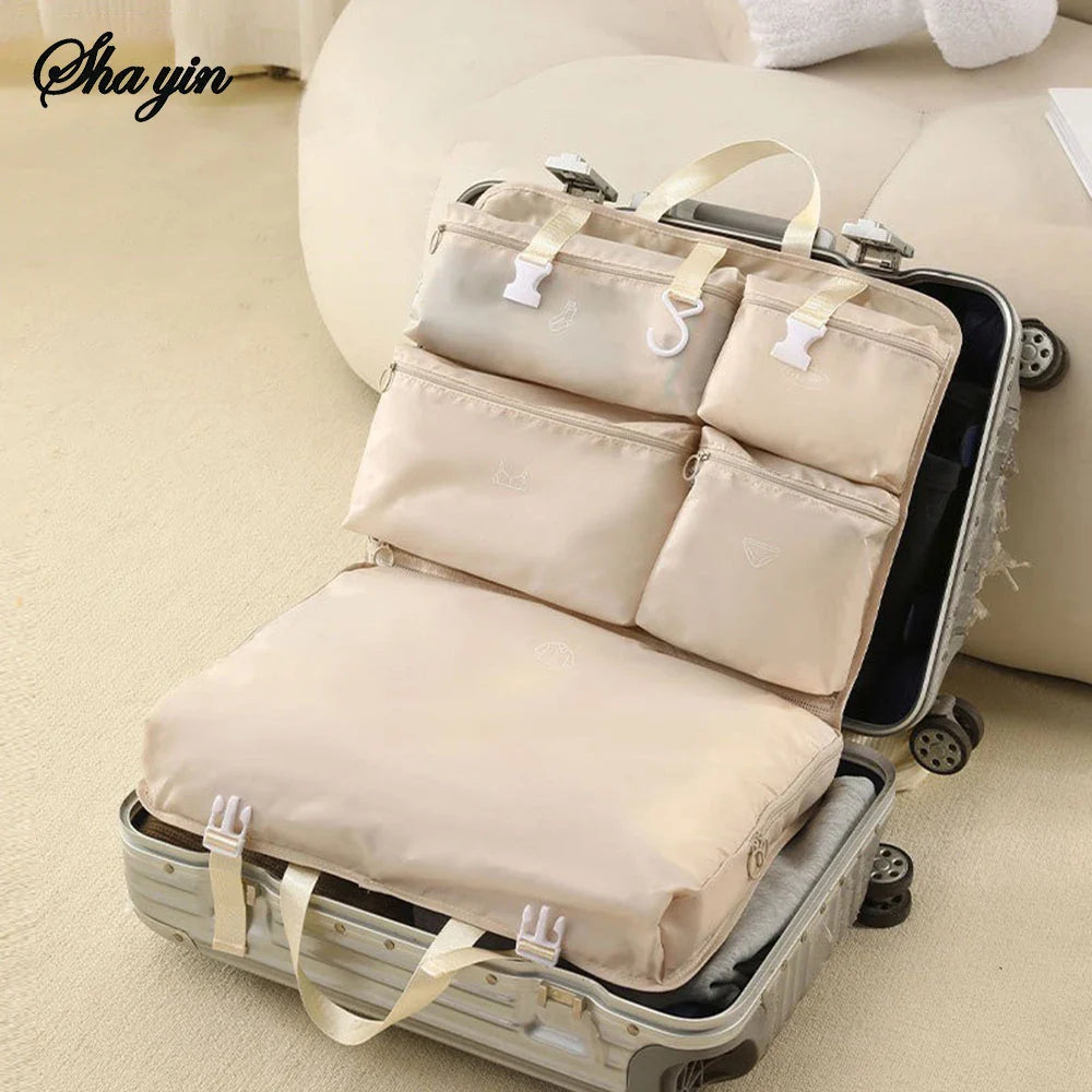 Norvo | Travella 6-i-1 Sammenleggbar Reisesekk | Hengende & Bærbar | Multi Bag for Klær, Kosmetikk & Tilbehør | Grå/Beige/Rosa