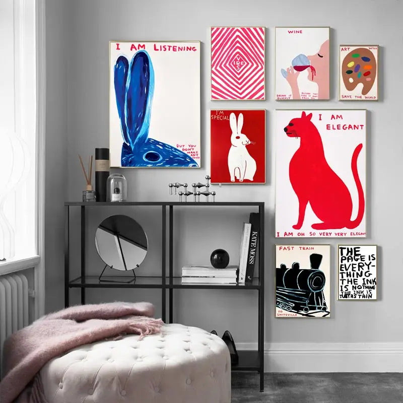 Skanto | David Shrigley Kanin Katt Vin Kjekks Rask Veggkunst Abstrakte Trykk Lerret Maleri Nordisk Plakat Bilder Stue Dekor