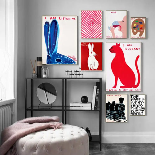 Skanto | David Shrigley Kanin Katt Vin Kjekks Rask Veggkunst Abstrakte Trykk Lerret Maleri Nordisk Plakat Bilder Stue Dekor