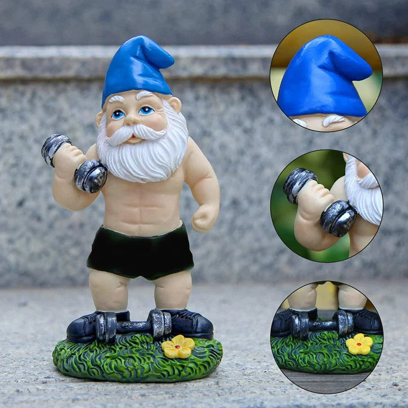 Skanto | Morsom Nisse Figurine laget av Harpiks som Vektløfter for Hagedekorasjon