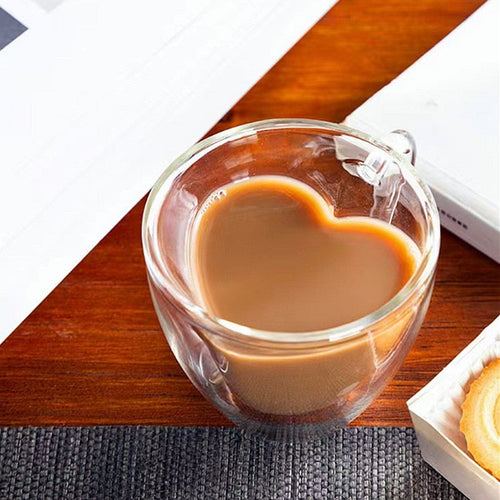 Skanto | Hjerte Kjærlighet Form Glass Krus Dobbeltveggede Kaffe Kopper Isolerte Te Melk Sitron Juice Vann Kop Varmeresistent Drikkeutstyr Elske Gave