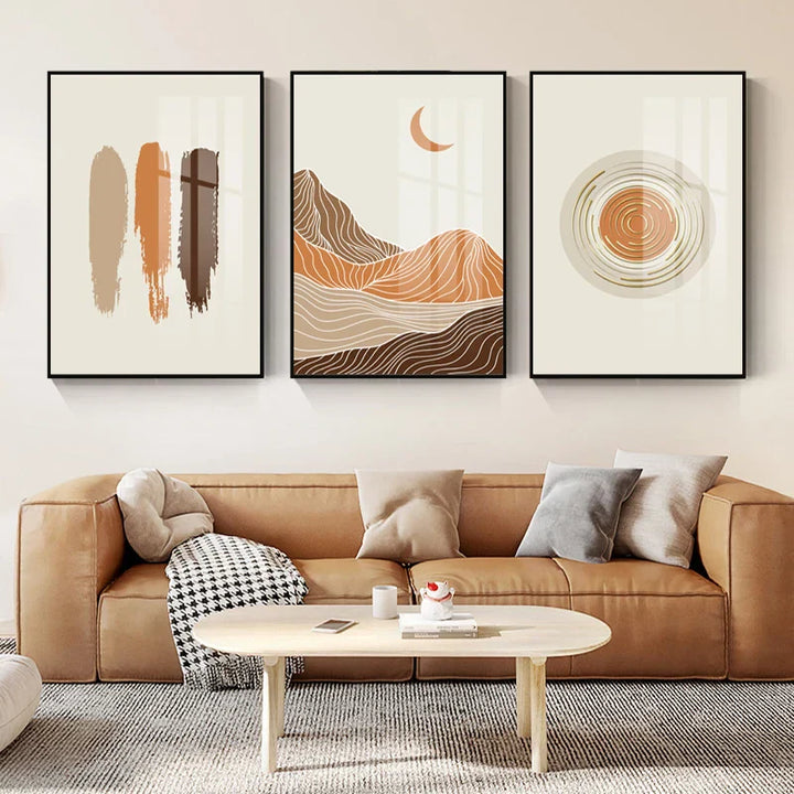 Abstract Geometric Taupe Terracotta Landscape Sun Moon Wall Art Fine Art Canvas Print Pictures For Living Room Bedroom Decor | Skanto