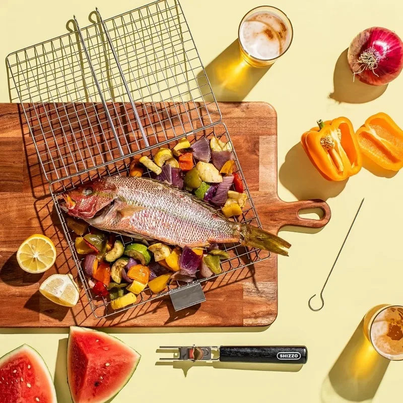 Skanto | Stor rustfritt stål grillkurv – Sammenleggbart BBQ-hylle for fisk, bærbart utendørs camping- & kjøkkenutstyr