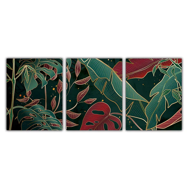 Modern Abstract Tropical Botanicals Wall Art Fine Art Canvas Prints Red Green Palm Leaves Posters Pictures For Living Room Hotel Room Decor | Skanto