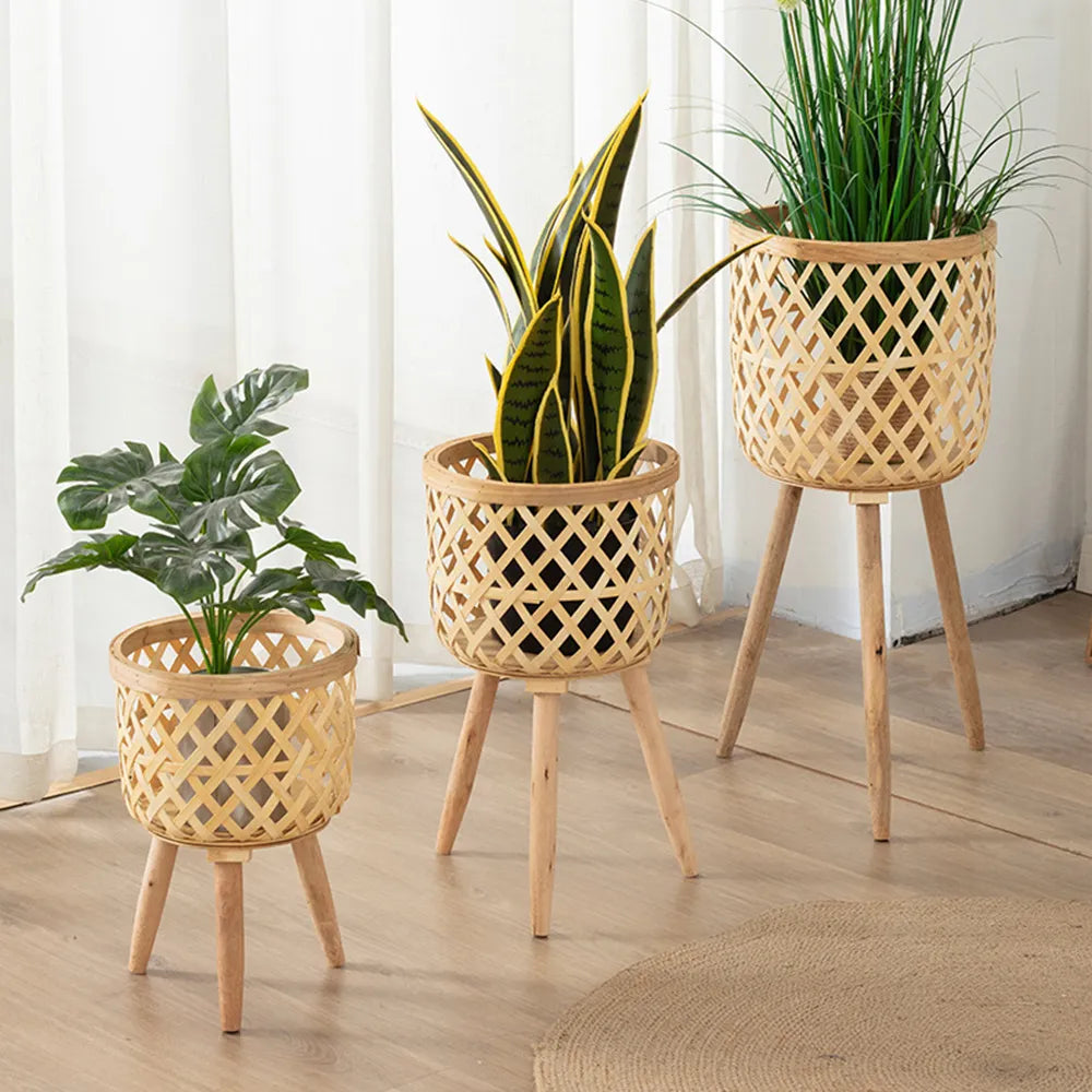 Skanto | Håndlaget bambusvevd blomsterpotte med stativ plante blomsterdisplay lagringsstativ DIY lagring barneplantetoppe hjemmeinnredning