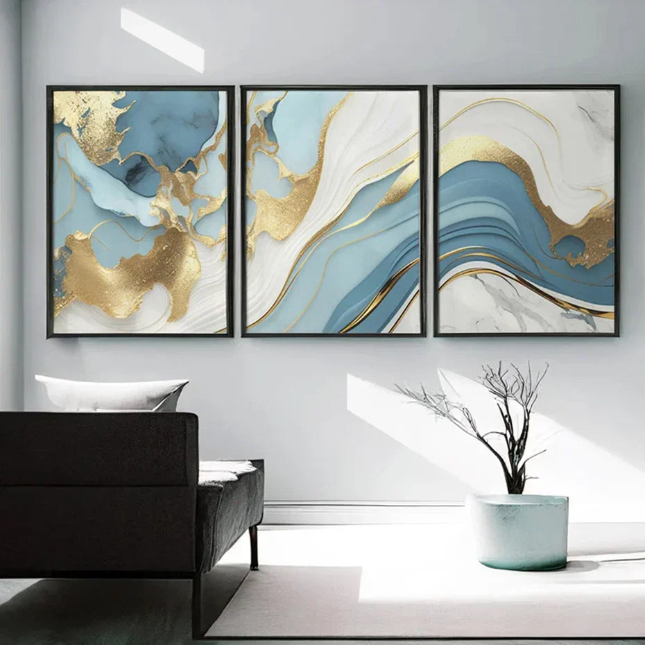 Modern Abstract Gold Blue Fluid Marble Print Wall Art Fine Art Canvas Prints Pictures For Living Room Bedroom Nordic Home Decor | Skanto