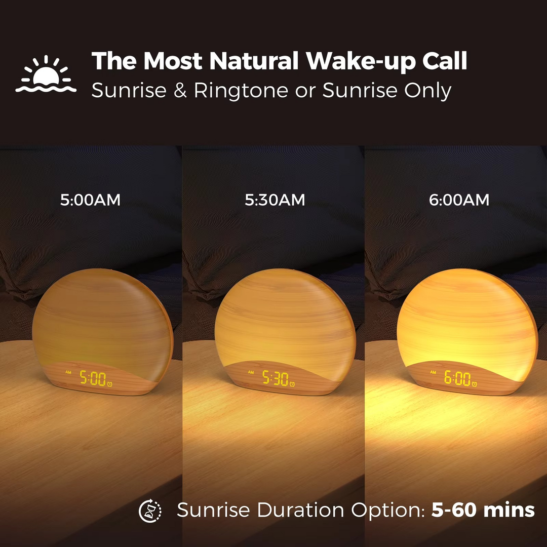 Skanto | Sunrise Wake-Up Light Alarmklokke med 8 farger, 26 søvnlyder og tregrainedesign