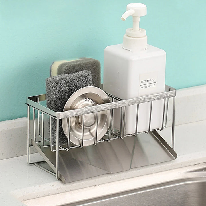 Skanto | SteelNest | Sinkeorganizer laget av rustfritt stål | Svamp- og såpeholder med dryppfat | 21×8.2×10 cm