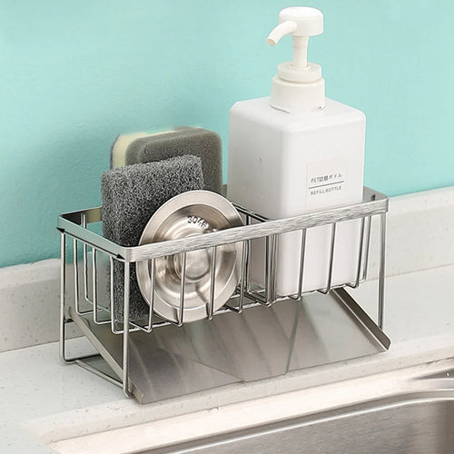 Skanto | SteelNest | Sinkeorganizer laget av rustfritt stål | Svamp- og såpeholder med dryppfat | 21×8.2×10 cm