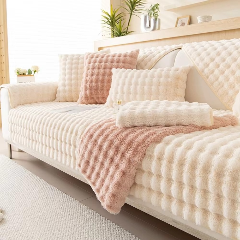 Skanto | Plysj bobletekstuert kunstpels sofa trekk - Antiskli putetrekk for stue