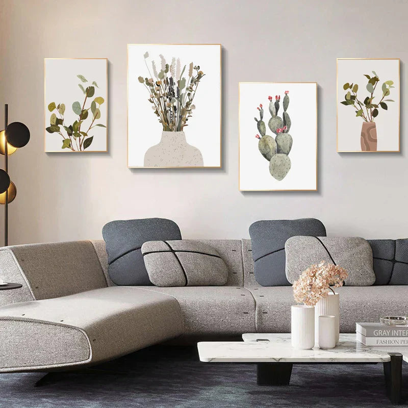Minimalist Watercolor Cactus Potted Plant Green Leaves Wall Art Fine Art Canvas Prints Pictures for Dining Room Living Room Art Decor | Skanto