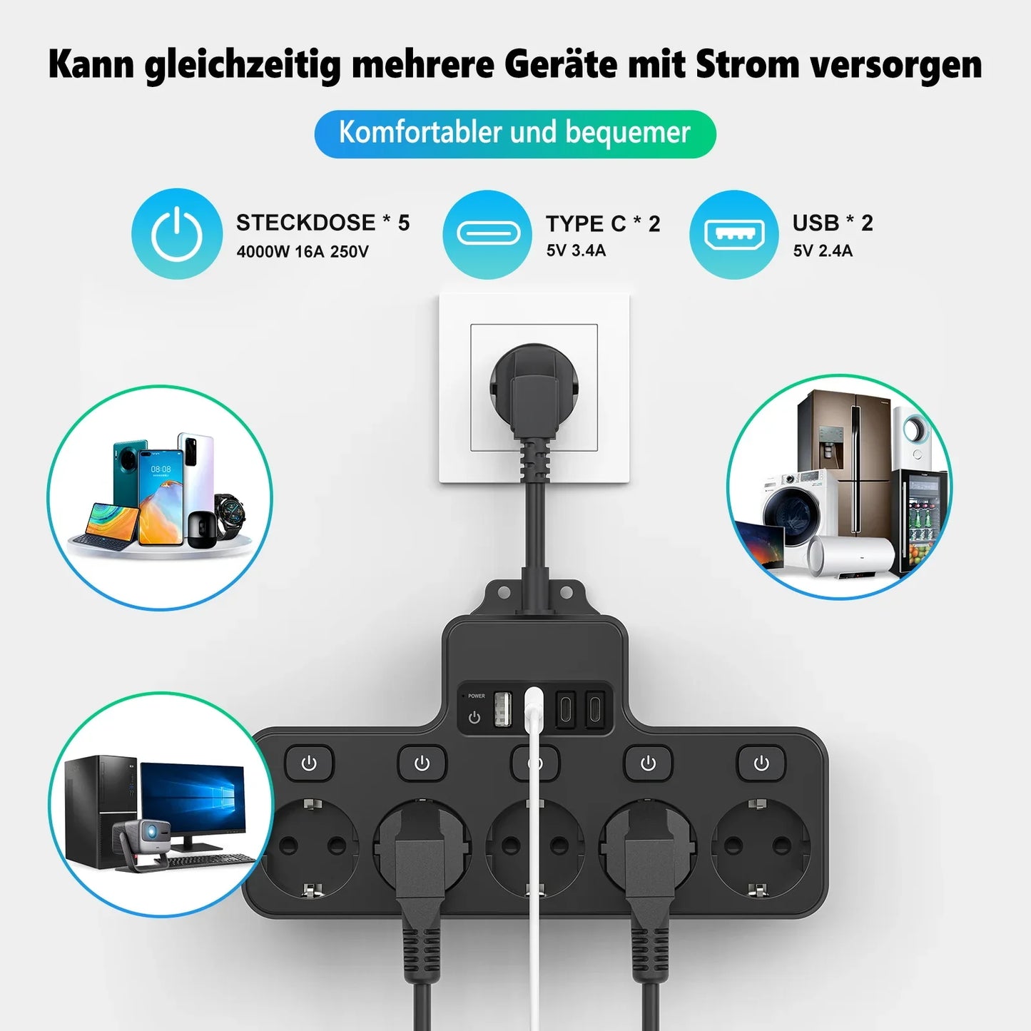 Norvo | Voltaro Pro 9-i-1 | Strømskinne EU | 5 AC-utganger + 4 USB (2× Type-C) | Individuell bryter | 16A | Kort kabel 10 cm