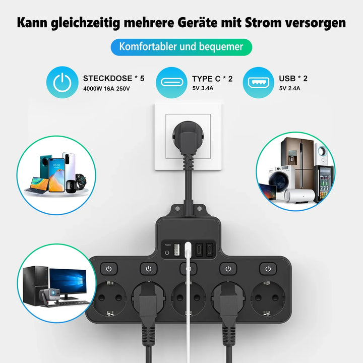 Skanto | Voltaro Pro 9-i-1 | Strømskinne EU | 5 AC-utganger + 4 USB (2× Type-C) | Individuell bryter | 16A | Kort kabel 10 cm
