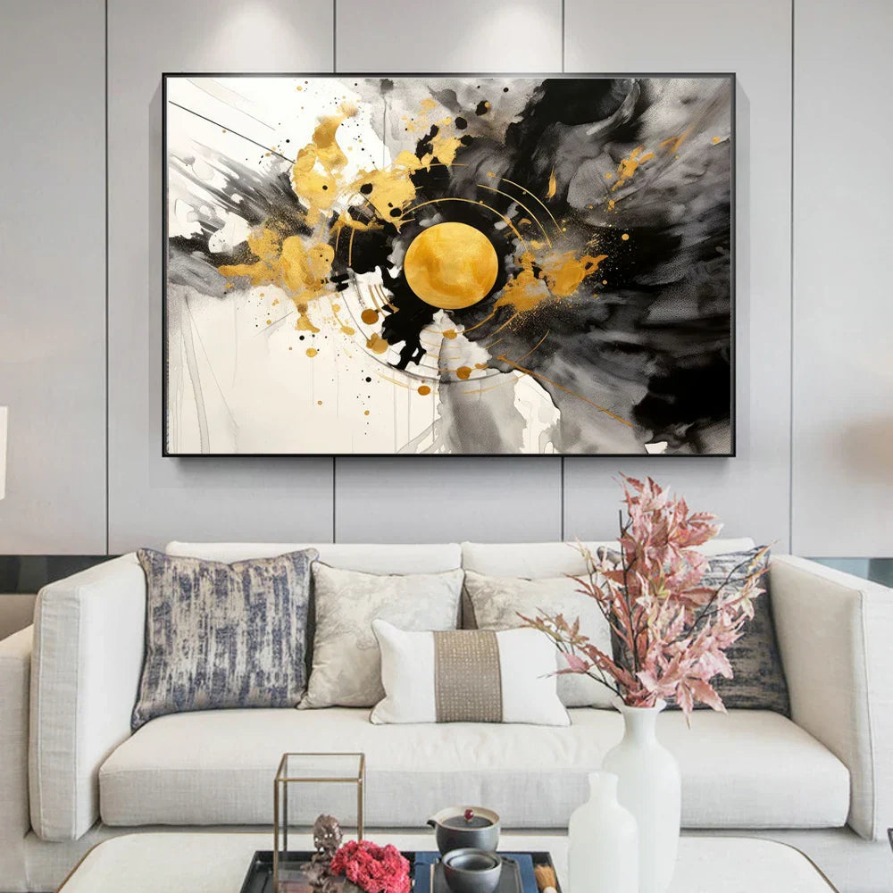 Modern Fluid Geometry Black Gold Abstract Wall Art Fine Art Canvas Prints Pictures For Living Room Dining Room Home Office Decor | Skanto
