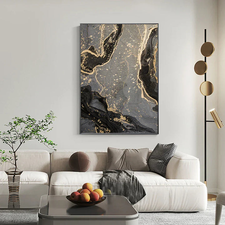 Abstract Black Gray Gold Fluid Marble Print Wall Art Fine Art Canvas Prints Pictures for Modern Apartment Living Room Home Office Decor | Skanto