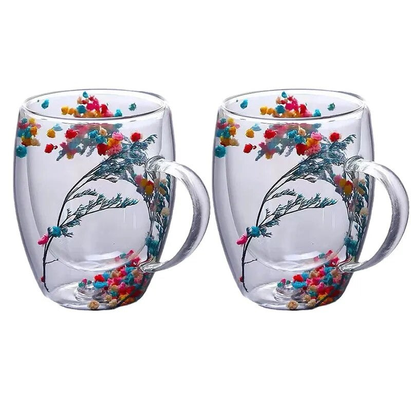 2stk Tørkede Blomster Dobbelveggs Glasskopp
