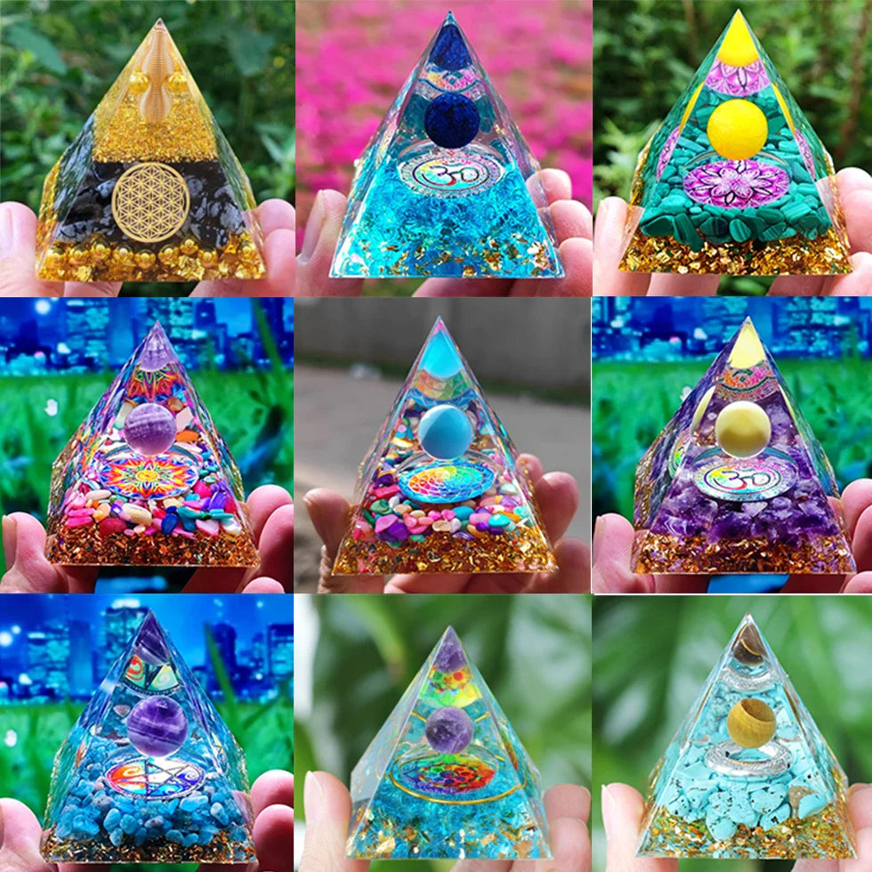 Skanto | Amethyst Peridot Orgone Pyramide - Energigenerator Krystall Reiki Chakra Orgonitt Meditasjonsverktøy