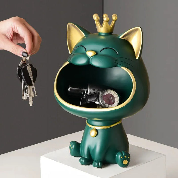 Skanto | Fortune Crown Big Mouth Cat Entrance Nøkkelholder Dekorativ Ornament, Lett Luksus Hjemmegave Skulptur