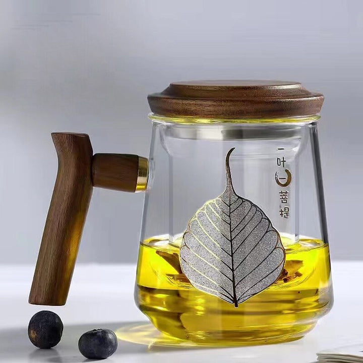 Premium Glass Tea Cup with Filter and Wooden Handle, 470ml | Skanto