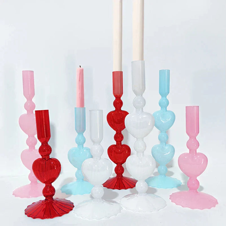 Skanto | Retro Taper Lysestake Rød Hjerteformet Glass Lysestake Bryllup Borddekorasjon Hjem Fest Glass Vase Dekor