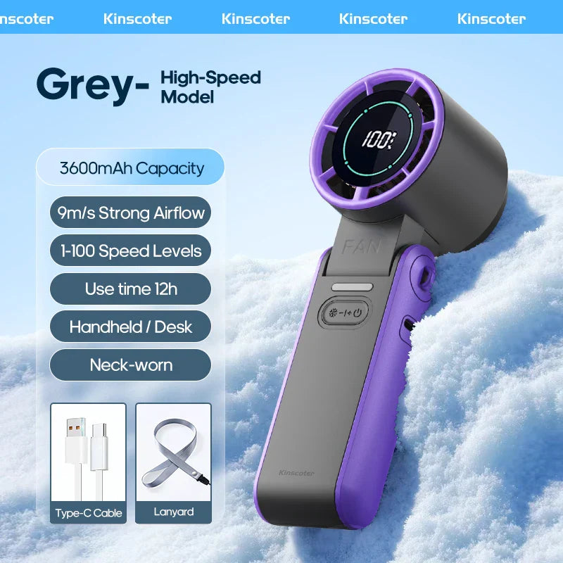CoolityGo Håndholdt Vifte med Is-Kjøling Teknologi | 100 Fartnivåer | 3600mAh Batteri | Sammenleggbar & Ultralett | Skanto