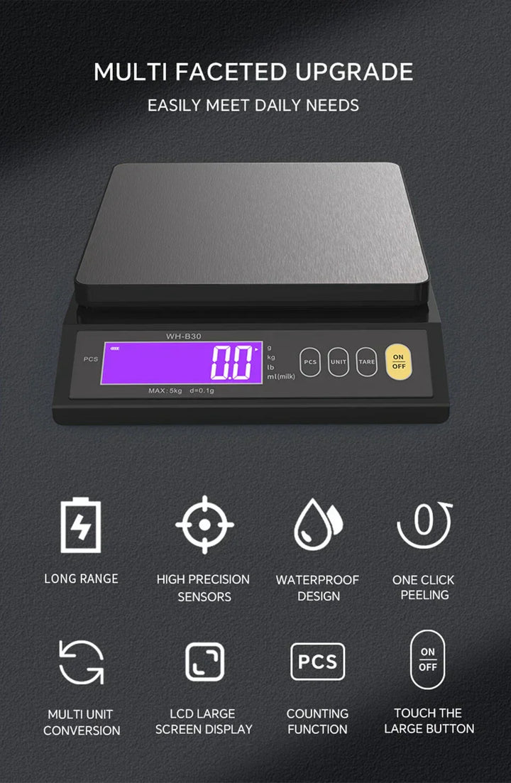 Skanto | 5 kg/0.1 g og 10 kg/1 g digital elektronisk kjøkkenvekt, LCD-skjerm, helt vanntett rustfritt stål vektsverktøy for baking