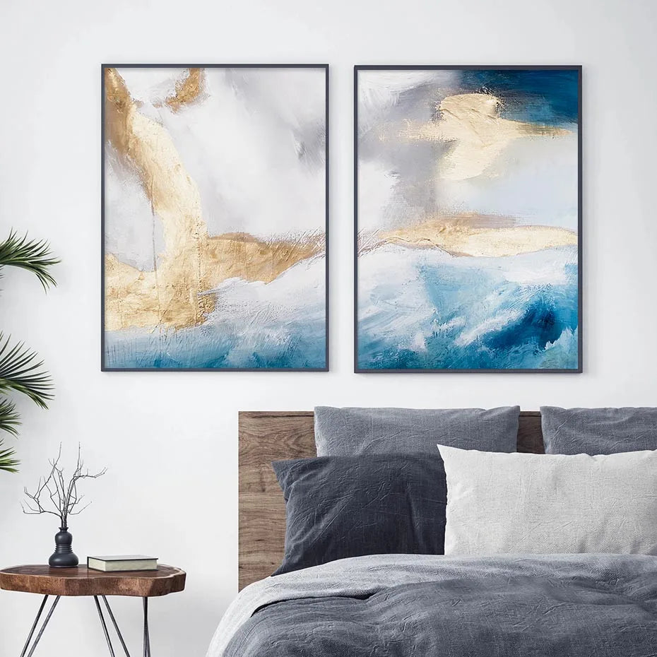 Serene Seascape Wall Art Abstract Ocean Waves With Gold Accents Fine Art Canvas Print Pictures For Living Room Bedroom Nordic Home Decor | Skanto