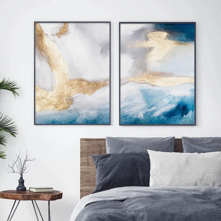 Serene Seascape Wall Art Abstract Ocean Waves With Gold Accents Fine Art Canvas Print Pictures For Living Room Bedroom Nordic Home Decor | Skanto
