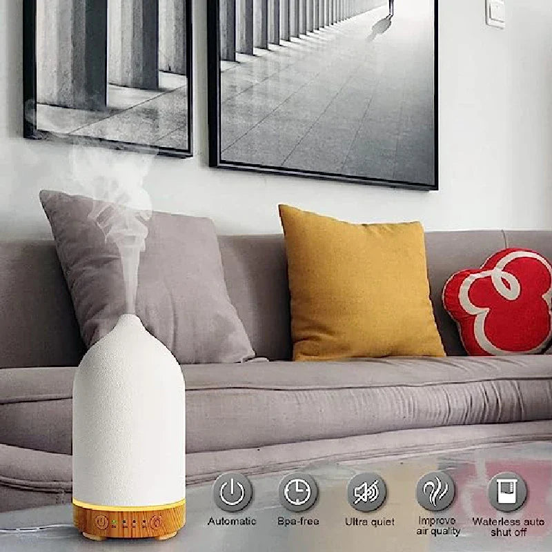 Skanto | Aromisca Keramisk Aroma Diffuser | 100 ml Ultralyd Luftfukter | 7 LED Farger & Timer | Håndlaget Design | EU Støpsel