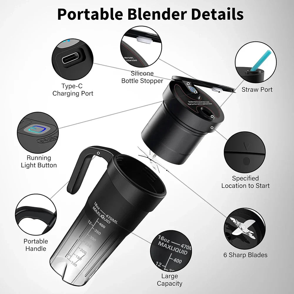 Skanto | Bærbar Juicer - Oppladbar Mini Mikser med 6 Skarpe Blader for Milkshake og Smoothies