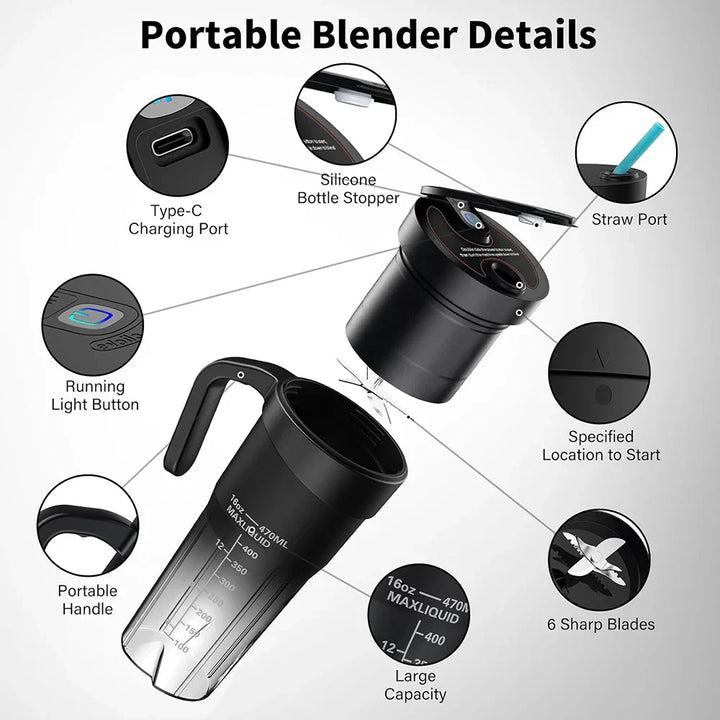 Skanto | Bærbar Juicer - Oppladbar Mini Mikser med 6 Skarpe Blader for Milkshake og Smoothies