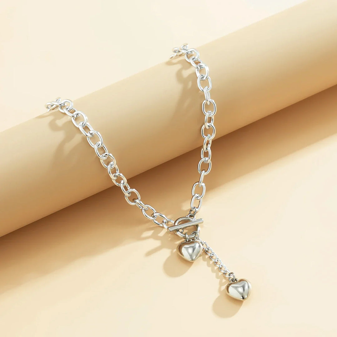 Skanto | Bold Chunky Chain Link Dual Heart Lariat Halskjede & Armbånd