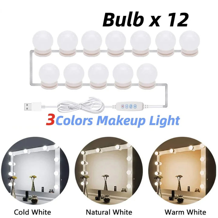 Skanto | Glamora | LED Makeup Speil Lys Sett | 10 Hollywood-Stil Lamper | USB, Dimmbar & 3 Fargemodi