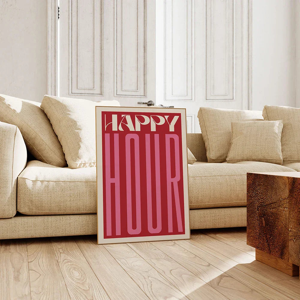 Retro Typographic Happy Hour Bar Cafe Kitchen Wall Art Fine Art Canvas Prints Pictures for Living Room Dining Room Colorful Art Decor | Skanto