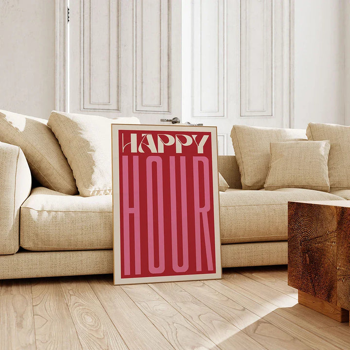 Retro Typographic Happy Hour Bar Cafe Kitchen Wall Art Fine Art Canvas Prints Pictures for Living Room Dining Room Colorful Art Decor | Skanto
