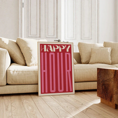 Retro Typographic Happy Hour Bar Cafe Kitchen Wall Art Fine Art Canvas Prints Pictures for Living Room Dining Room Colorful Art Decor | Skanto