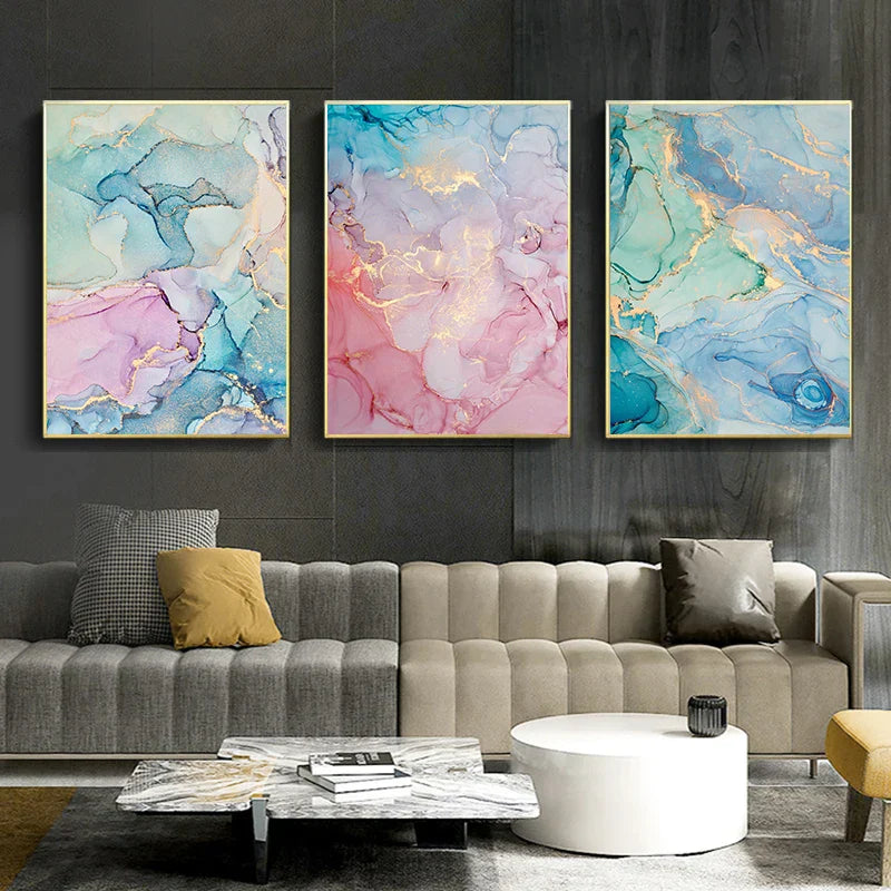 Colorful Shades of Pink Blue Jade Fluid Marble Print Wall Art Fine Art Canvas Prints Pictures for Living Room Bedroom Hotel Lounge Art Decor | Skanto