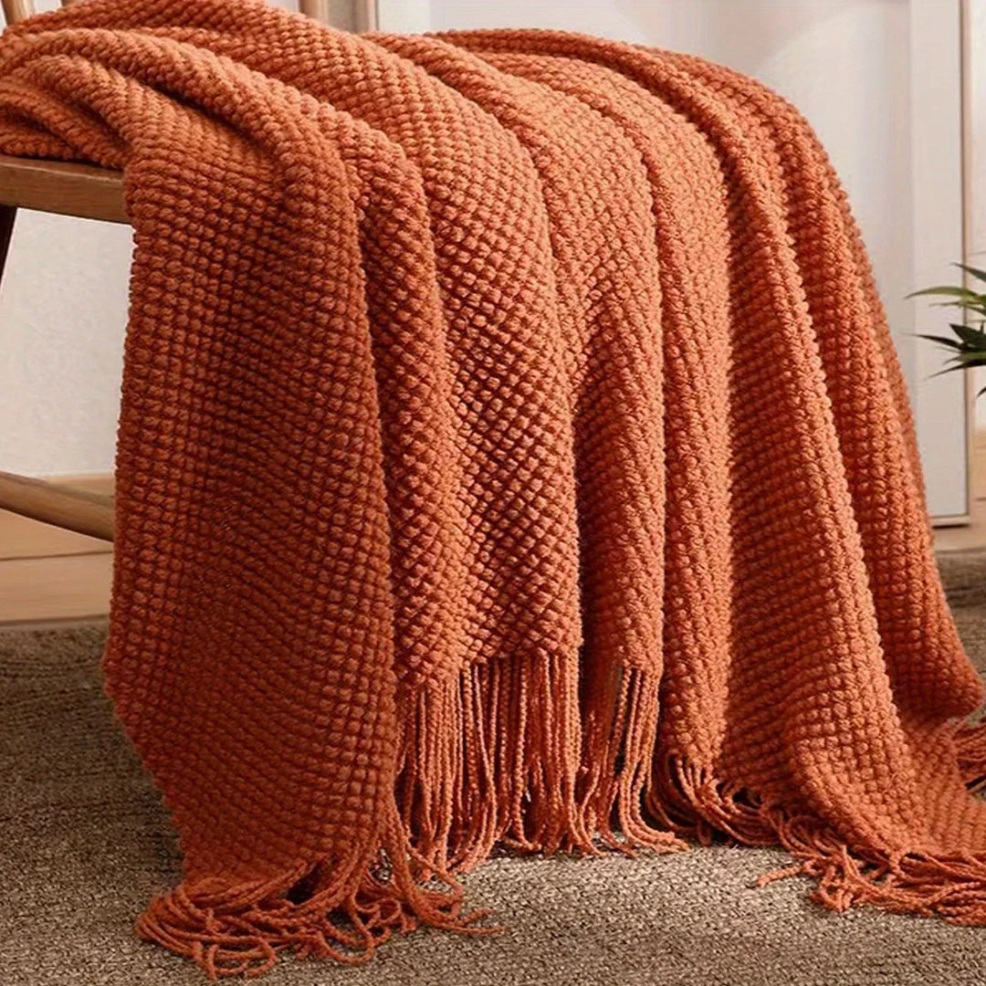 Skanto | Aurelia Cozy Frynse Strikket Tekstil i Morandi Orange | Myk & Varme | 3 Størrelser | For Sofa, Seng & Reiseliv