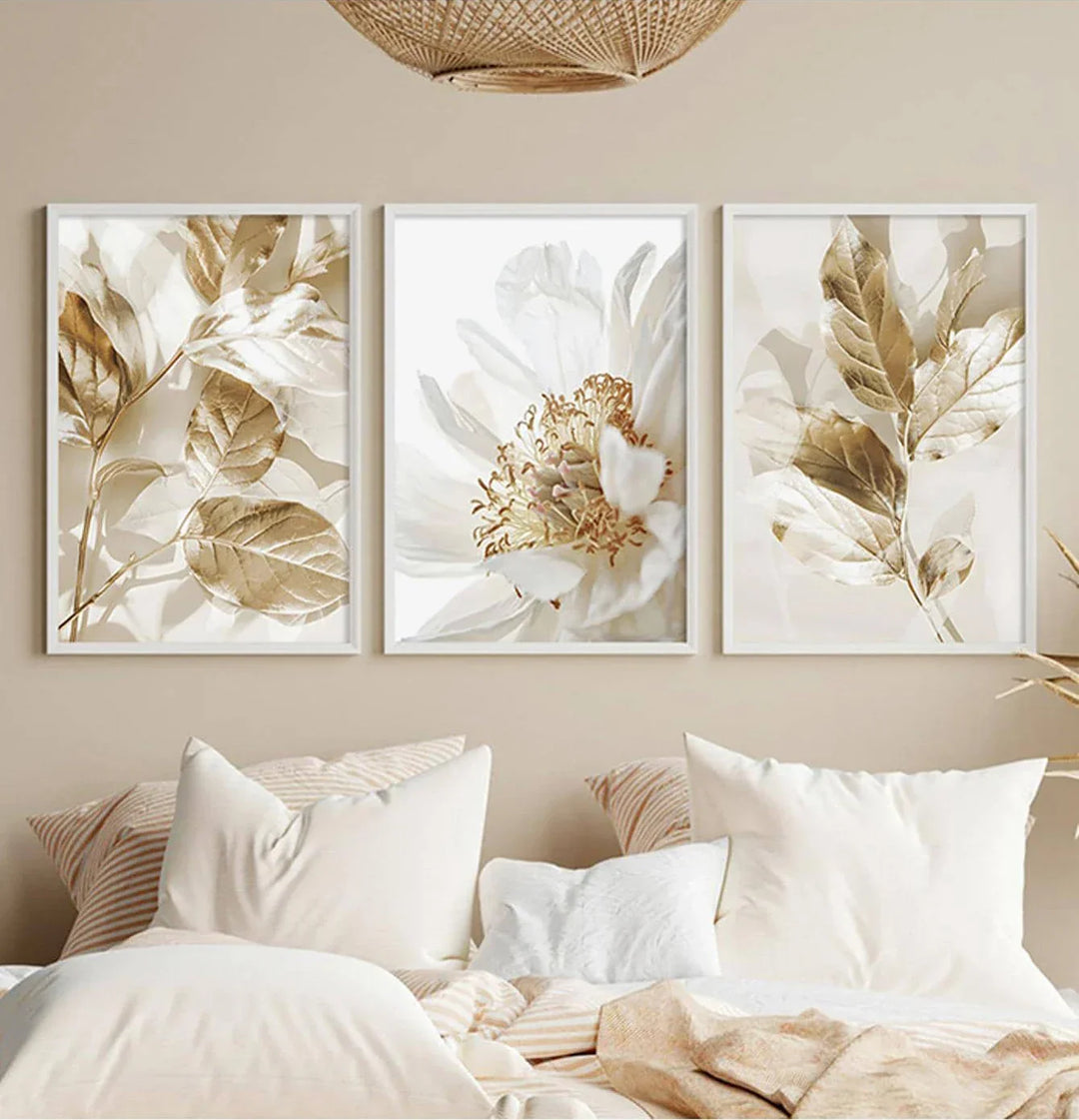Modern White & Gold Floral Wall Art Fine Art Canvas Prints Pictures for Living Room, Dining Room, Bedroom Art Decor (Set of 3) | Skanto