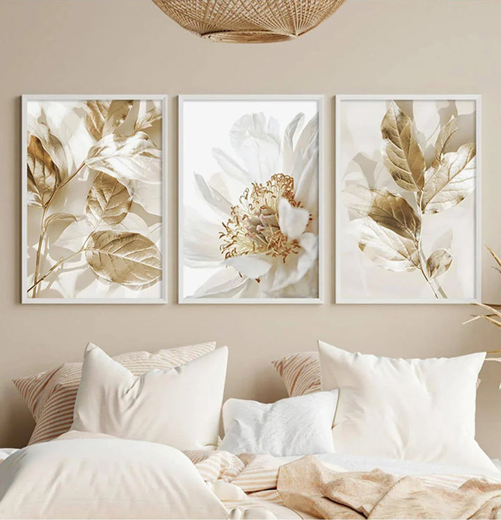 Modern White & Gold Floral Wall Art Fine Art Canvas Prints Pictures for Living Room, Dining Room, Bedroom Art Decor (Set of 3) | Skanto