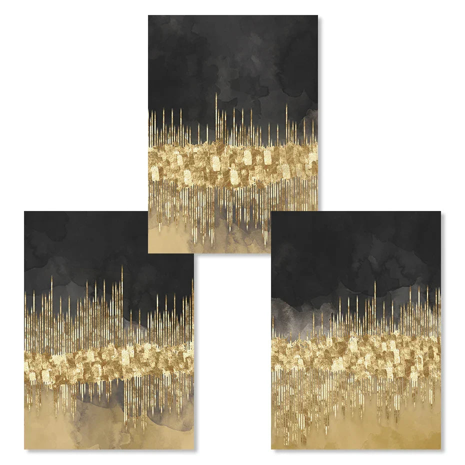 Abstract Golden Cityscape on Black Watercolor Canvas Print Wall Art Light Luxury Pictures for Living Room Bedroom Home Office Decor | Skanto