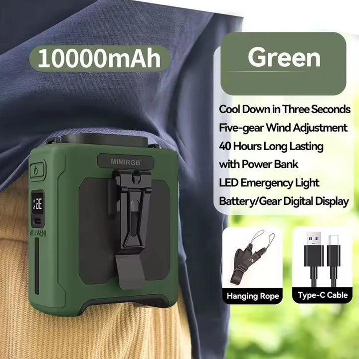 10000mAh Livstikkontaktvifte med Power Bank – Bærbar Håndfri Oppladbar Vifte | 5-Hastigheters Kjøling, Batteri Visning, USB Lading, Utendørs Bærbar Vifte | Skanto