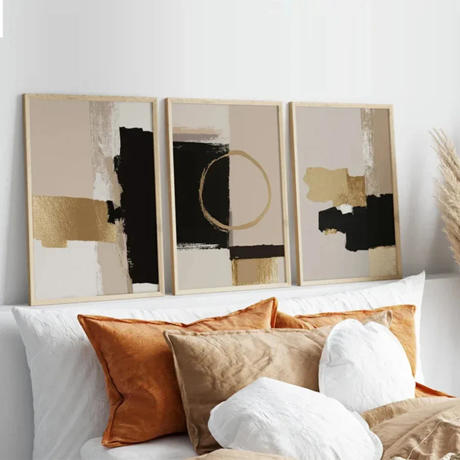 Black Beige Golden Color Block Abstract Wall Art Artistic Canvas Prints Modern Pictures for Living Room Bedroom Contemporary Interior Decor | Skanto