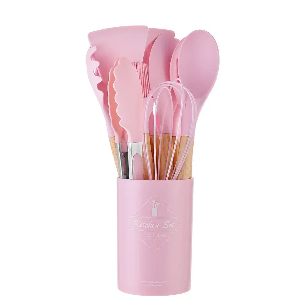 ChefEase – 12-dels silikon kjøkkenutensilsett med trehåndtak Skanto