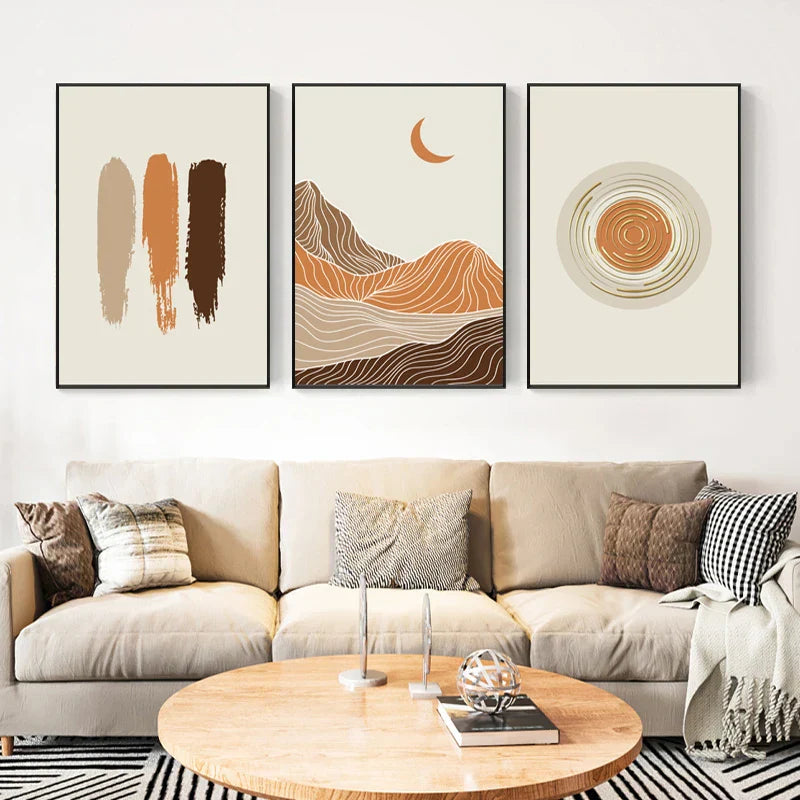 Abstract Geometric Taupe Terracotta Landscape Sun Moon Wall Art Fine Art Canvas Print Pictures For Living Room Bedroom Decor | Skanto