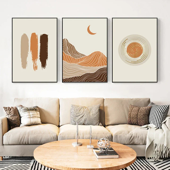 Abstract Geometric Taupe Terracotta Landscape Sun Moon Wall Art Fine Art Canvas Print Pictures For Living Room Bedroom Decor | Skanto